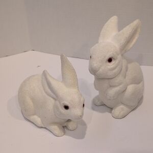 2 Vintage White Flocked Bunny Rabbit